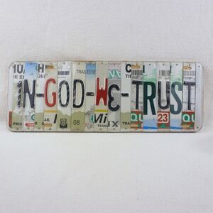 In God We Trust Recycled License Plate Art Wood Mounted Wall Decor 16.5x5.5